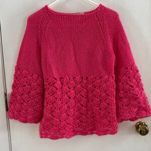 Vintage Joseph Magnin raspberry pink knit/crocheted sweater bell sleeves Size S
